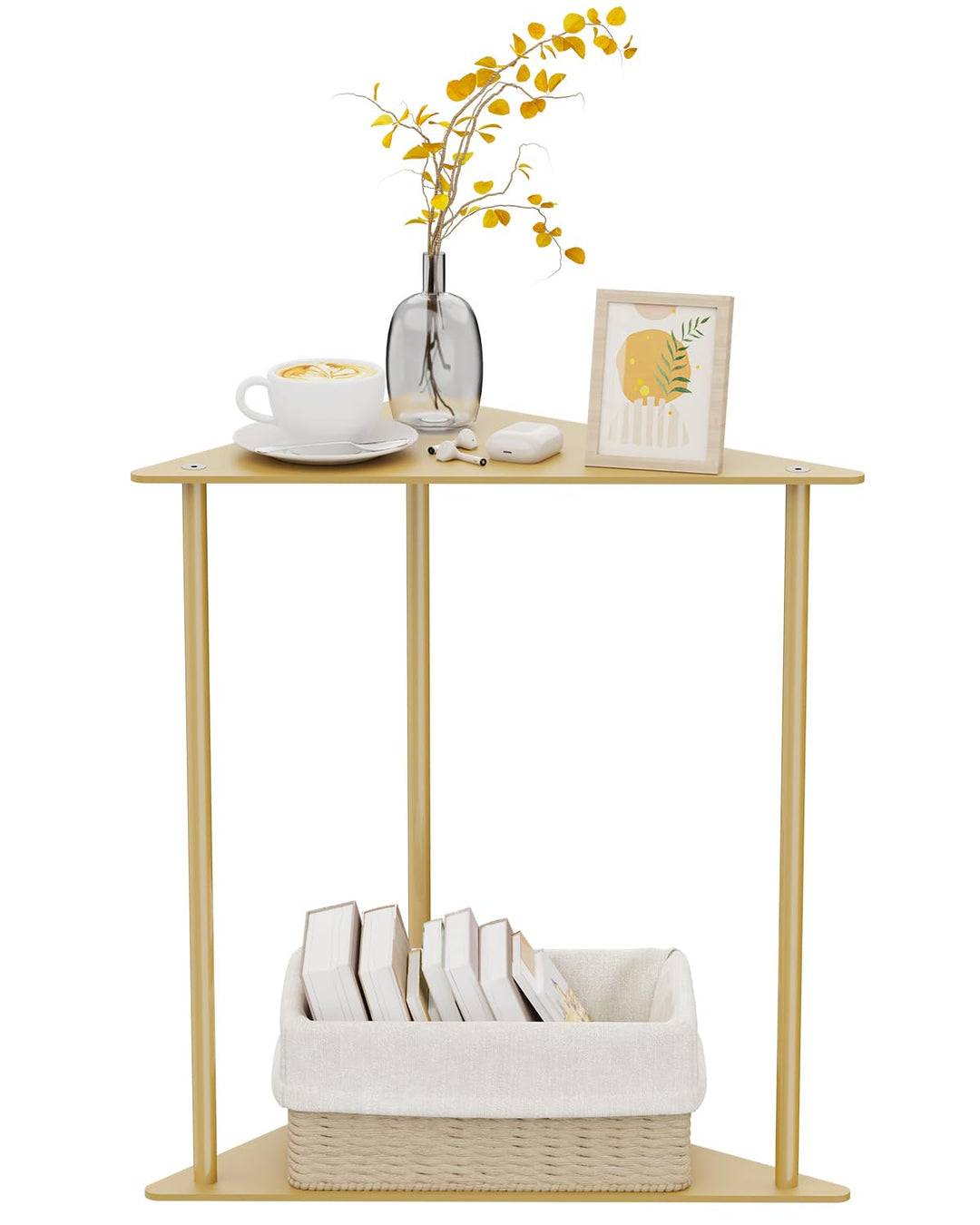 Yawinhe Dreieckiger Beistelltisch,1er Set Metall Klein Couchtisch,Golden | Mobiler Kaffeetisch 2 Ebe
