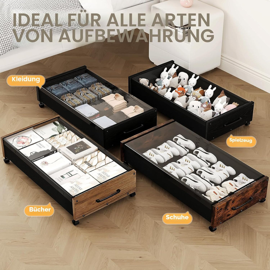 Unterbett-Aufbewahrung mit Rollen, Holz-Aufbewahrungsbehälter Extra Gross Unterbett-Schuh-Organizer,