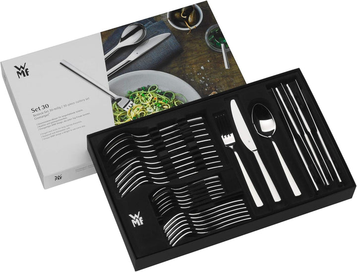 WMF Denver Edelstahl Besteck Set 6 Personen, Essbesteck Set 30 teilig, Monobloc-Messer, Cromargan Ed
