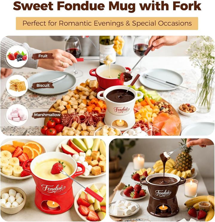 Yoassi Keramik Käsefondue Set, Mini Schokoladenfondue Tasse, Käsebecher mit 4 Gabeln, zum Schmelzen