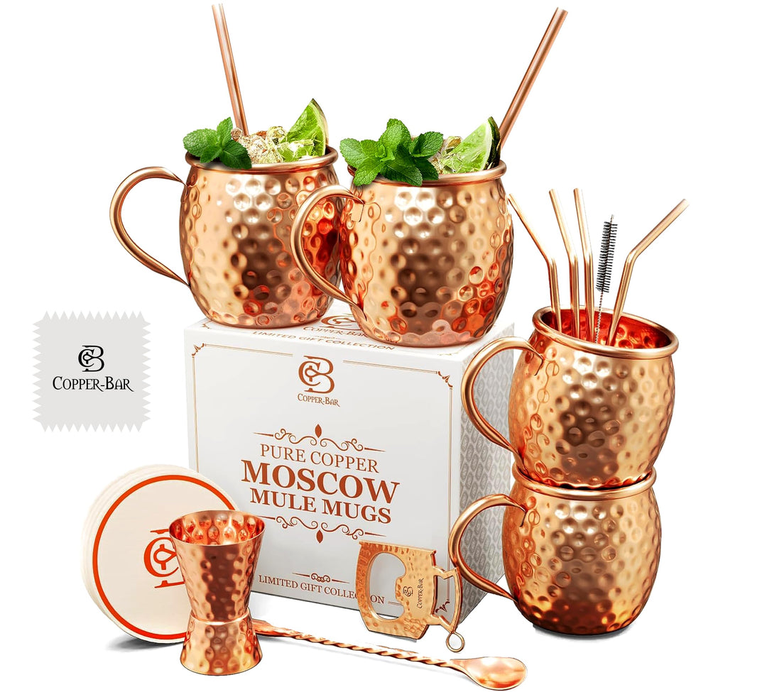 Copper-Bar Moscow Mule Kupferbecher – Set von 4 – 100 % handgefertigten, reinen massiven Kupferbeche