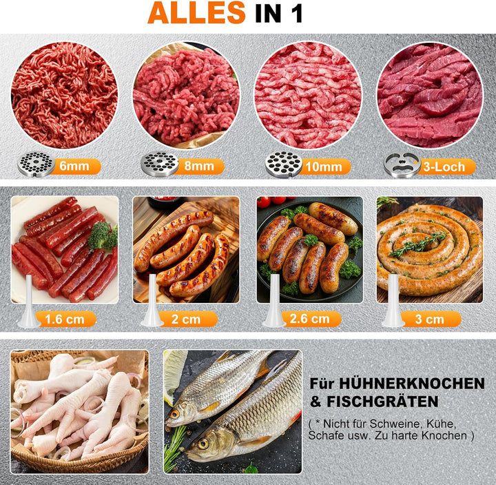 Anatole Fleischwolf Elektrisch Profi Hackfleisch Maschine 950W Edelstahl Multi Wurstmaschine mit 6/8