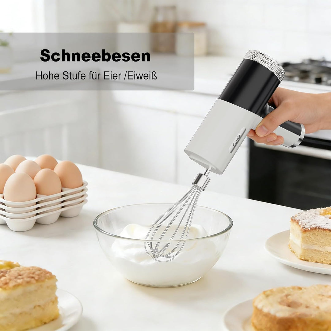Camic Handmixer mit 9 Geschwindigkeitsstufen, Kabelloser Elektrisch- Handrührgerät mit Schneebesen,