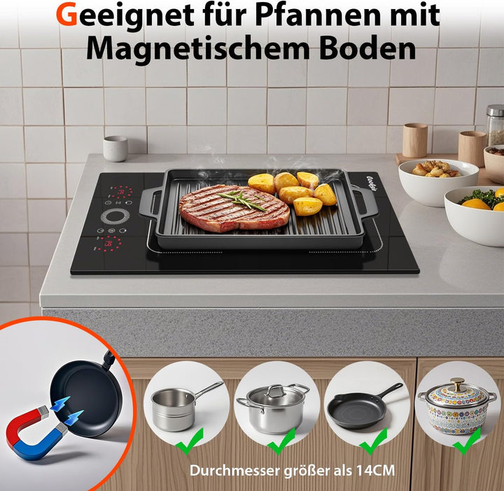 Induktionskochfeld 2 Platten mit Stecker, Herdplatte 2 Kochfelder Autark 30CM Einbau, Kombinierte Fl
