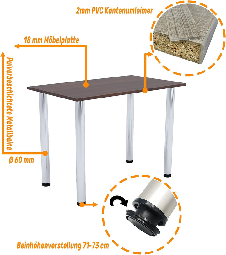 mikon 70x40 | Esszimmertisch - Esstisch - Tisch mit Chrombeinen - Küchentisch - Bürotisch | WALNUSS