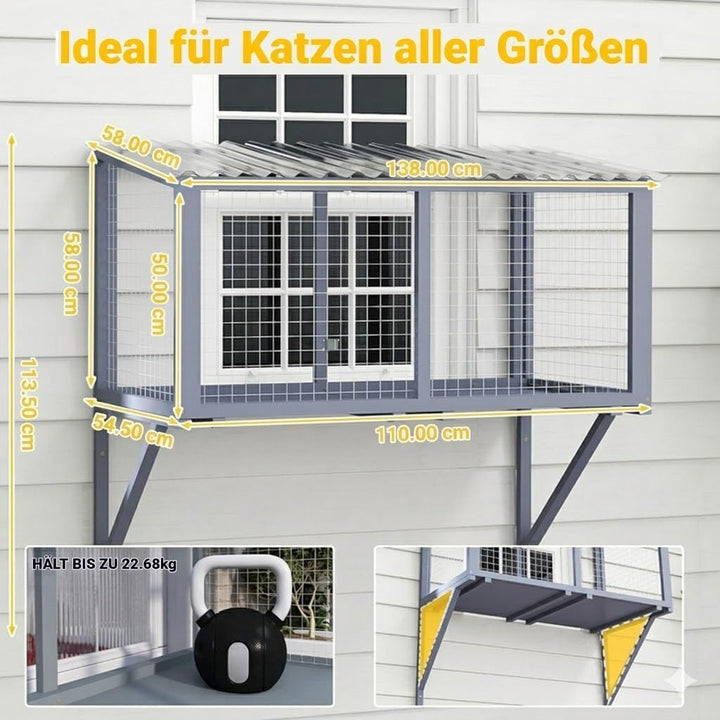 Outdoor Katzenfenster Catio aus Holz – Wetterfester Katzen-Fensterkasten mit verzinktem Drahtgitter