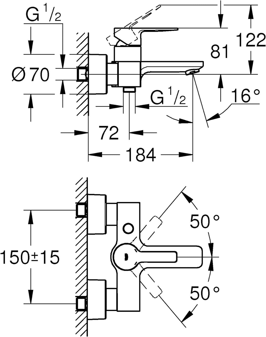 GROHE Lineare - Einhand- Wannenbatterie (Wandmontage, mit Temperaturbegrenzer, langlebige Oberfläche