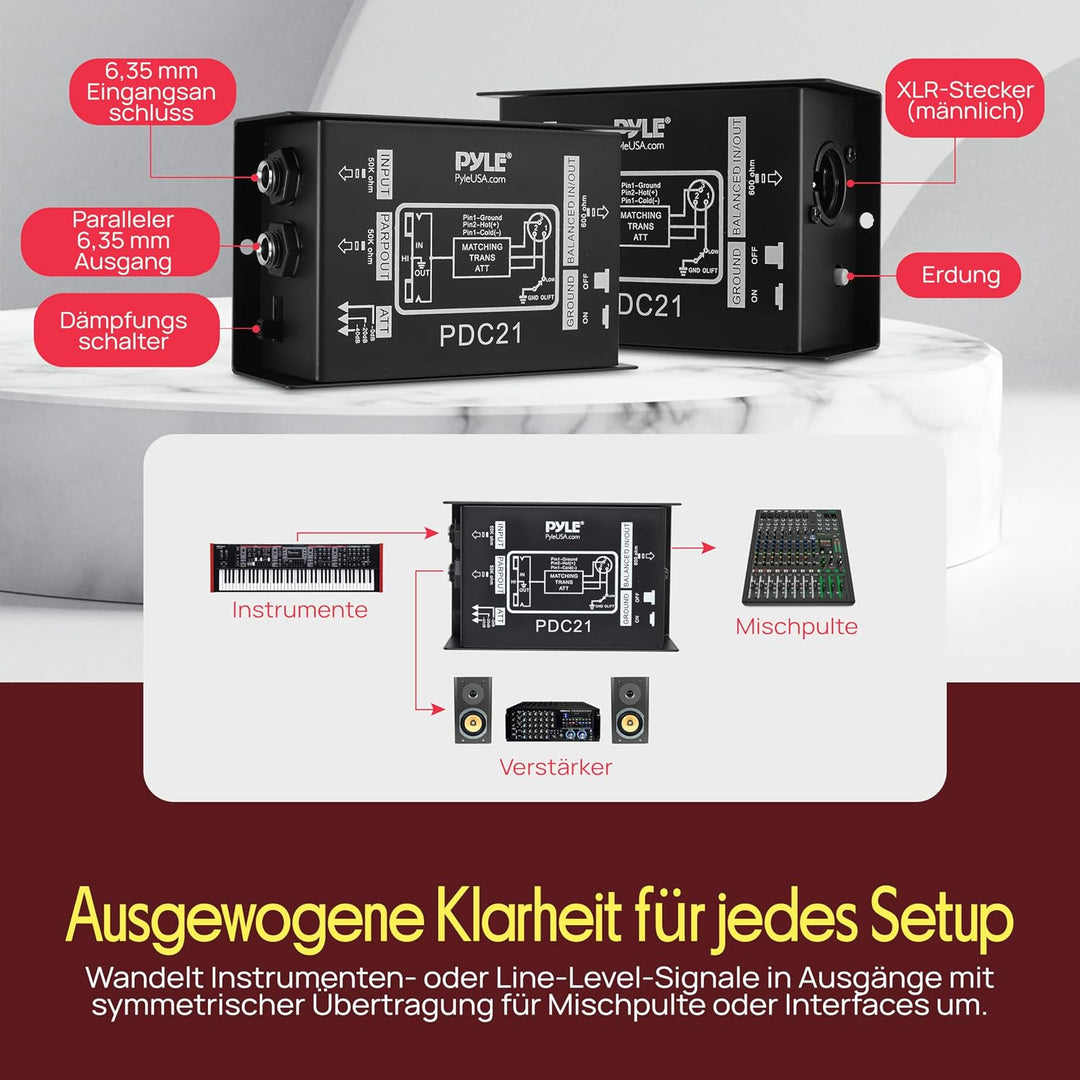 Pyle Premium DI Direct Injection Box, Passive DI Einheit, Brummen-Entferner mit Eingangs-Dämpfer zum