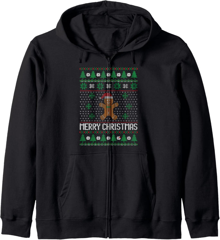 Weihnachten Hässliche Pullover Lebkuchenmann Bäume Schnee Feiertage Kapuzenjacke