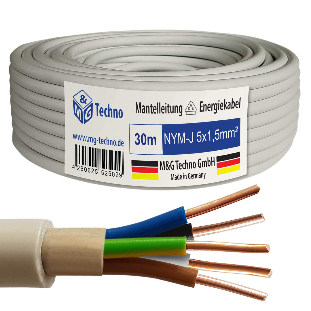 M&G Techno 30m NYM-J 5x1,5 mm² Mantelleitung Feuchtraumkabel Elektrokabel Kupfer Made in Germany, 30