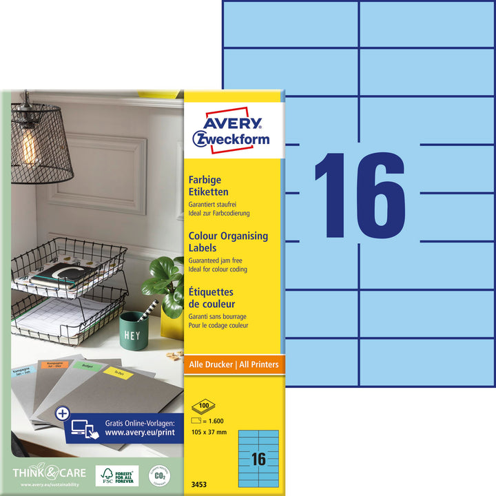AVERY Zweckform 3453 Blaue Etiketten (1.600 Aufkleber, 105x37mm auf A4, permanent haftend, selbstkle