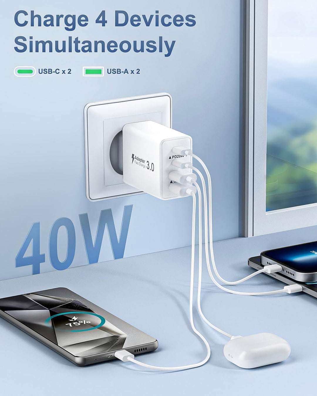 USB C Ladegerät, 2-Pack 4-Ports Mehrfach Schnellladegerät USB Stecker für iPhone 17 16 15 14 13 12 1