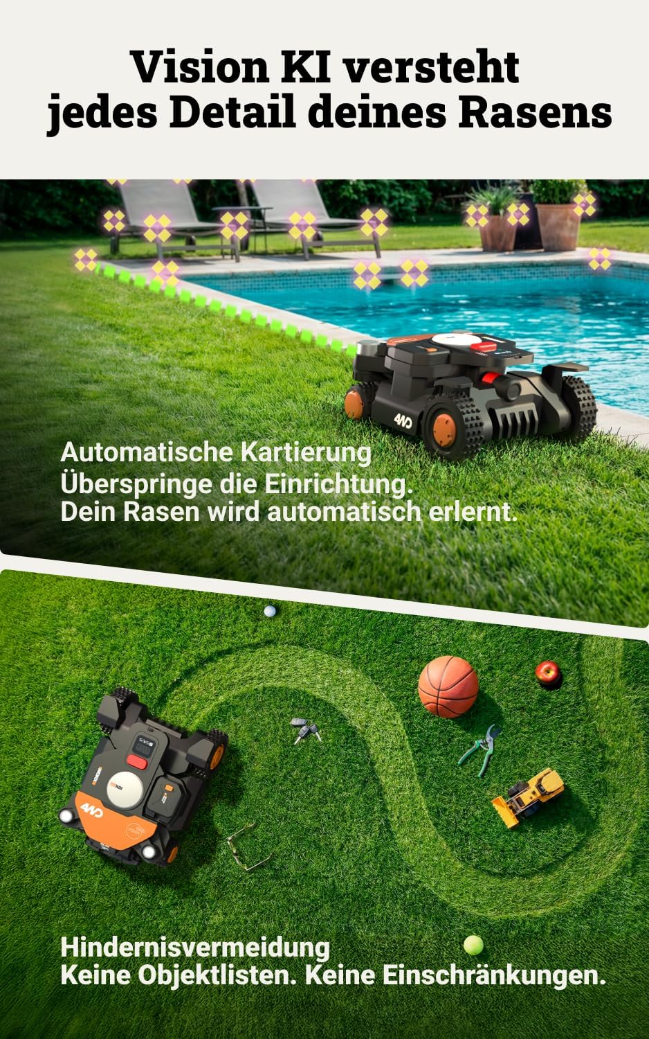 WORX Landroid Vision Cloud WR342E 4WD Mähroboter ohne Begrenzungskabel für 2000 m² (KI-Hinderniserke