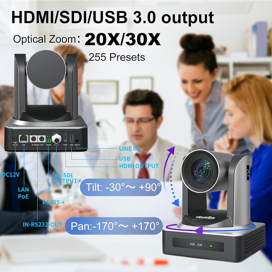zowietek PTZ Kamera, AI Auto Tracking 1080P60 PoE, 30X optischer Zoom, 3G-SDI HDMI USB 3.0 LAN, Live