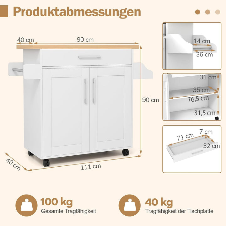 COSTWAY Küchenwagen mit Schublade, Kücheninsel auf Rollen, Servierwagen Holz mit Handtuchhalter, Gew