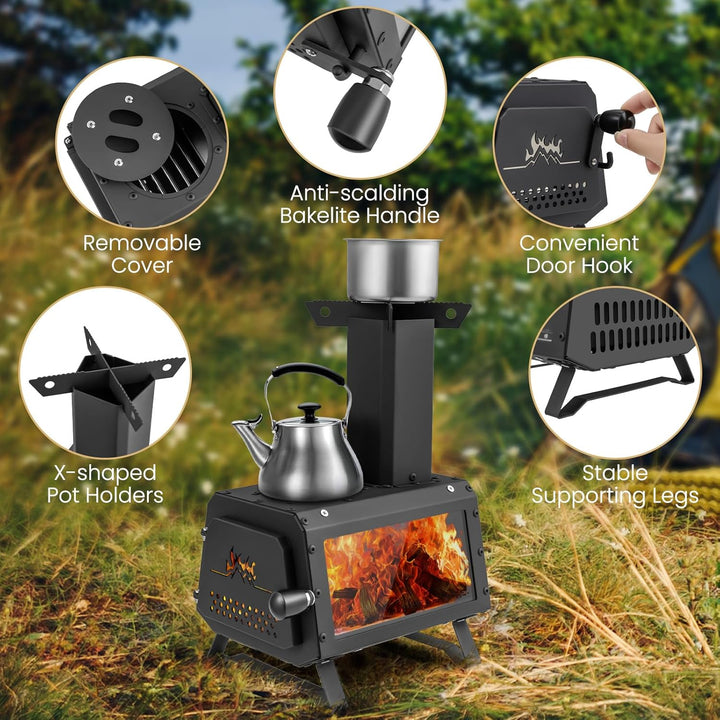 FANTASK tragbarer Holzofen, Raketenofen Outdoor inkl. 2 Kochflächen mit Sichtscheibe und Aschepfanne