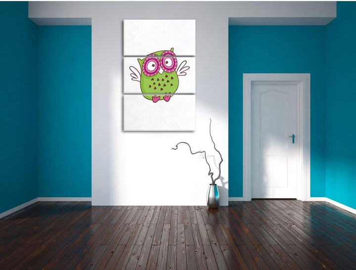 Pixxprint Lustige grüne Eule fliegend als Leinwandbild/Grösse: 3 Teilig (120x80) cm/Wandbild/Kunstdr