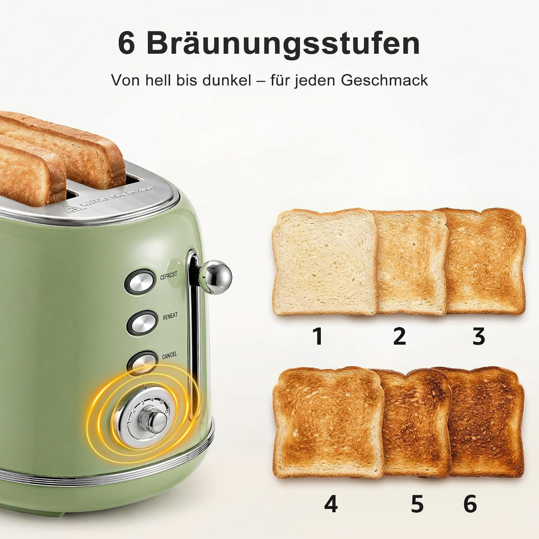 Retro Toaster 2 Scheiben Edelstahl – Brötchenaufsatz, 6 Röststufen, Vorheiz- und Auftaufunktion, Abs