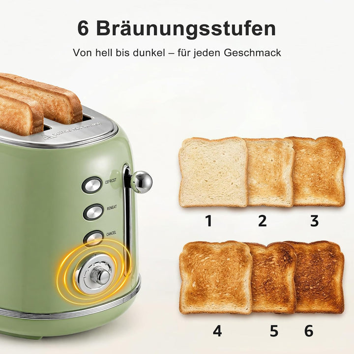 Retro Toaster 2 Scheiben Edelstahl – Brötchenaufsatz, 6 Röststufen, Vorheiz- und Auftaufunktion, Abs
