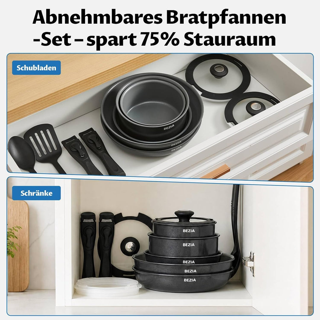 BEZIA Pfannenset mit abnehmbaren Griffen, Töpfe und Pfannen Set mit gesunder Keramikbeschichtung, In