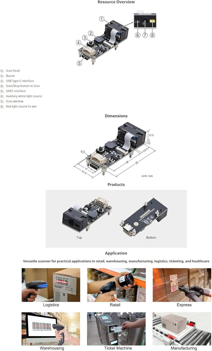 Embedded 1D 2D Barcode Scanner Module, QR Code Reader with USB Type-C &amp; TTL UART Interface, Fast Dec