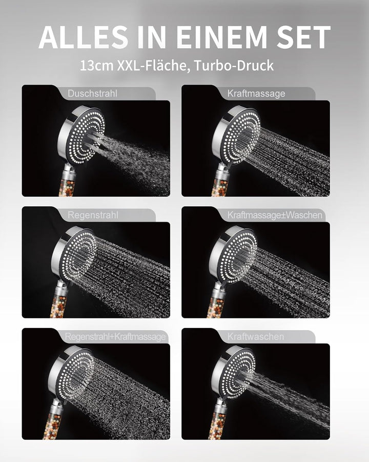 OFFO Filter Duschkopf mit Schlauch 1,6m und Halterung, Handbrause mit 6 Strahlarten, 13cm Duschkopf