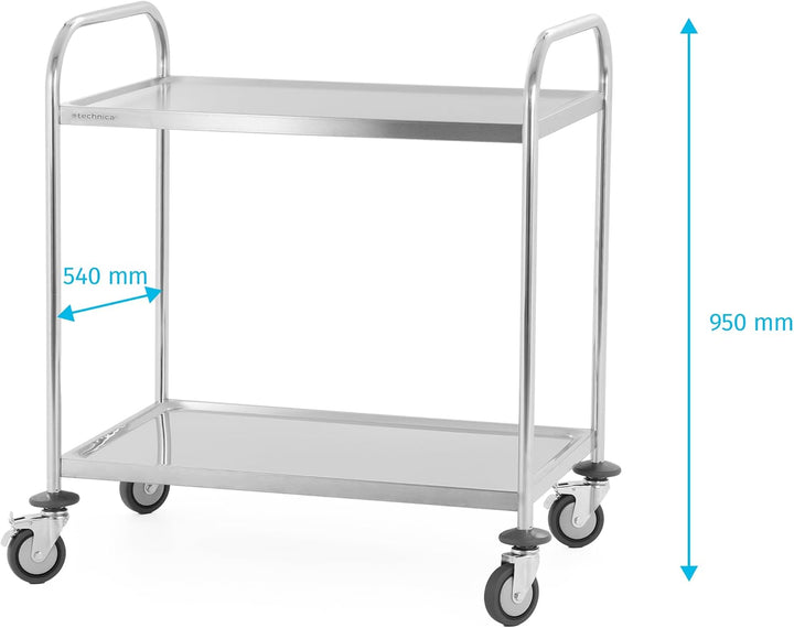 TECHNICA Servierwagen Edelstahl 2 Etagen mit Rollen &amp; Bremse Rundgriff Schalldämmmatte 860x540x940mm
