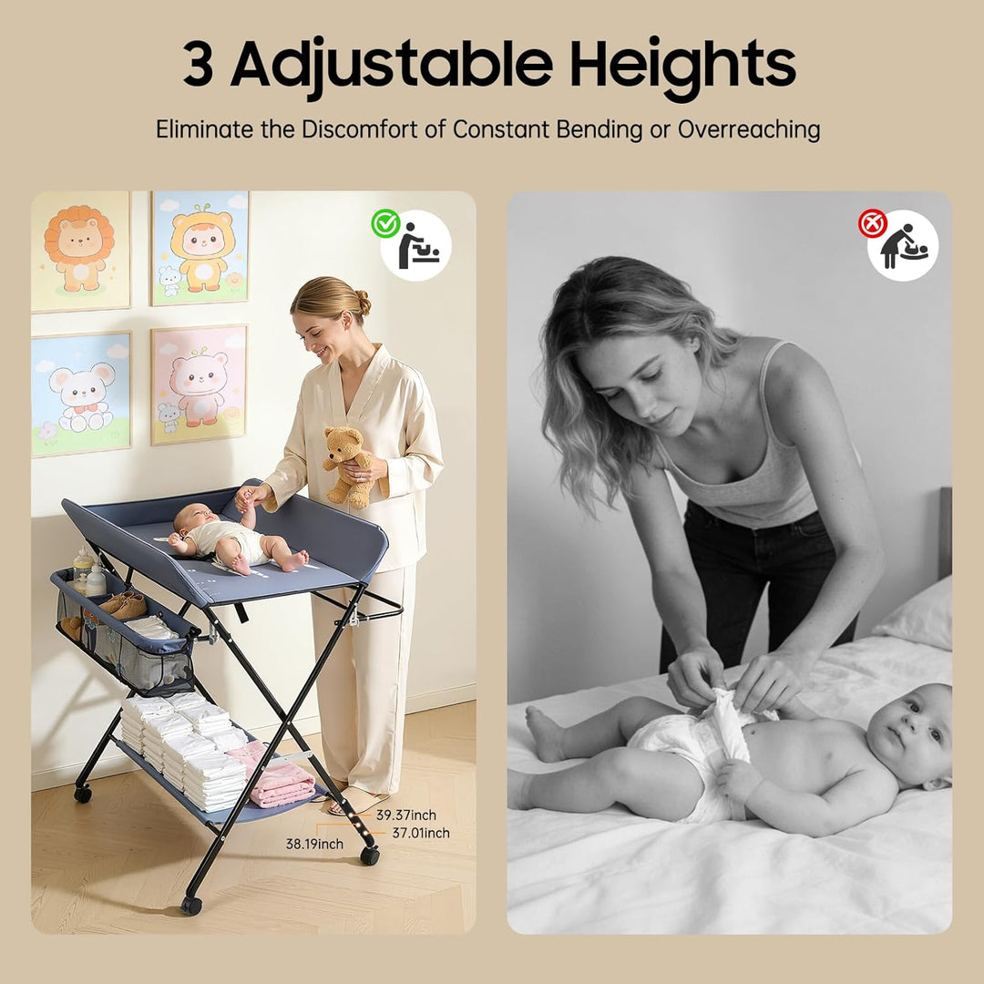 Wickeltisch Klappbar mit Rollen, Baby Wickelkombi Wickelkommode mit Wickelauflage, Sicherheitsgurt &amp;