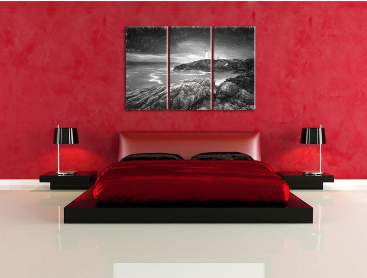 Pixxprint Leuchtturm im Meer Kohle Effekt 3-Teiler Leinwandbild 120x80 Bild auf Leinwand