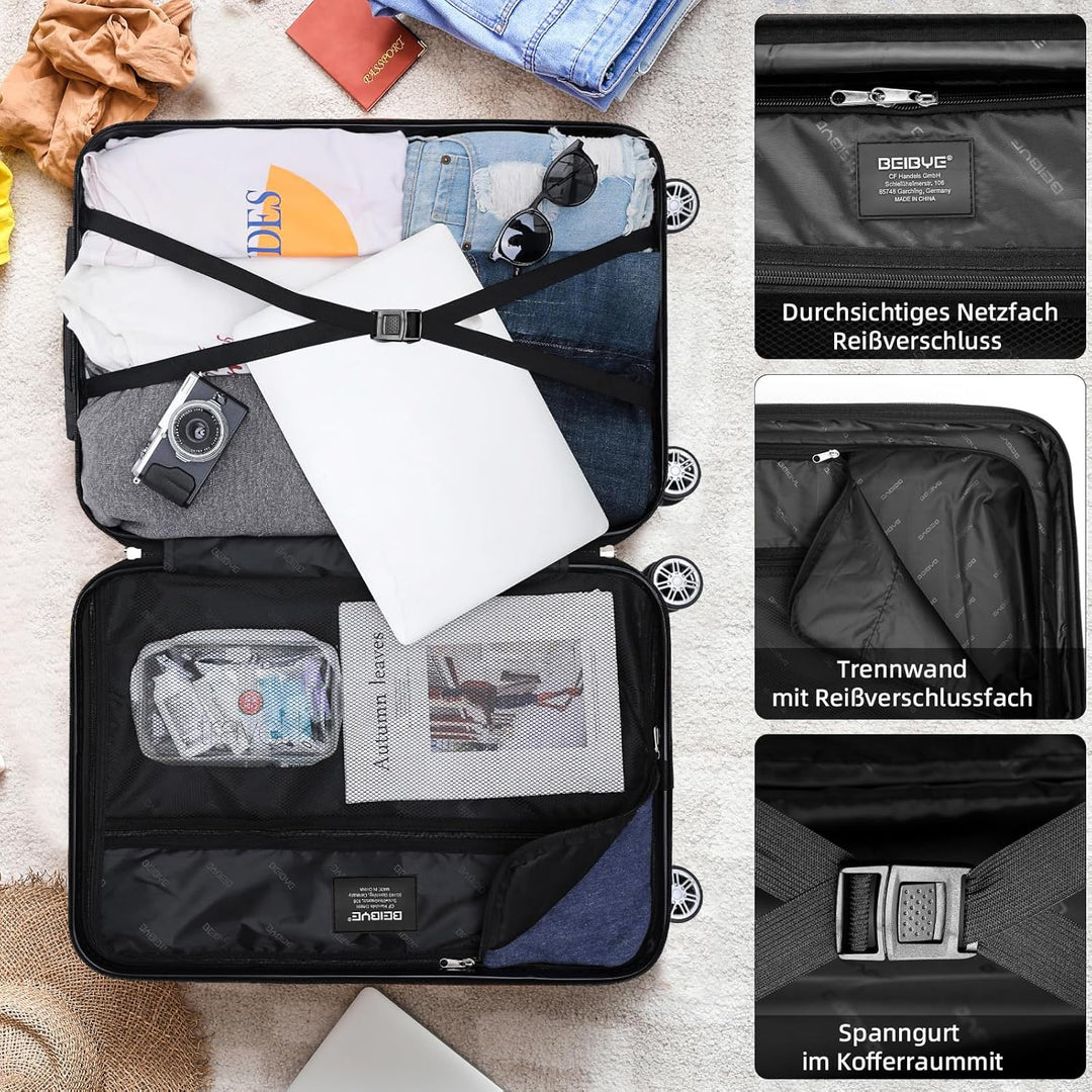 BEIBYE- 3er Kofferset Hartschalen-Koffer Reisekoffer Trolley Rollkoffer Set Reisekofferset (Coffee),