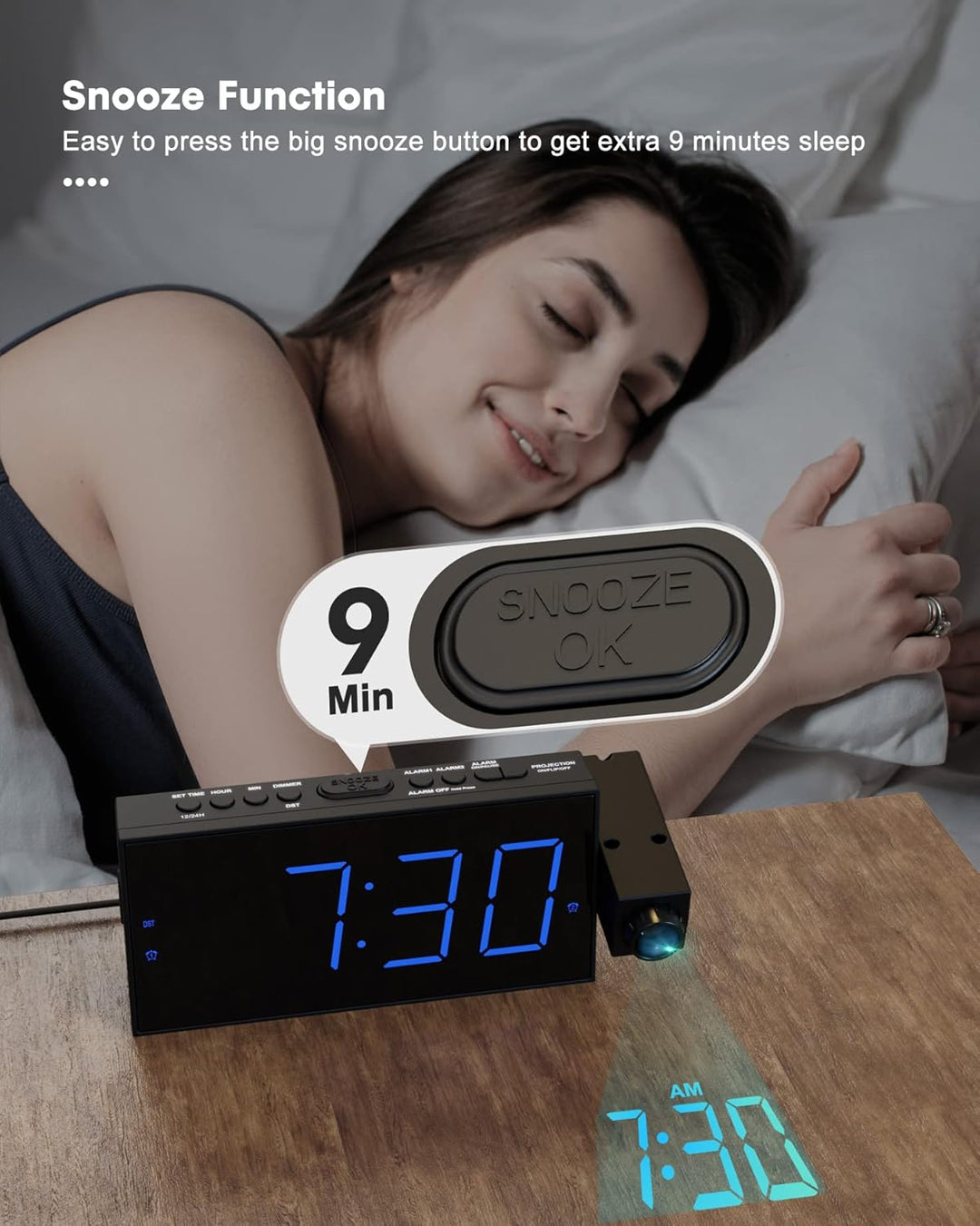 ROCAM Wecker mit Projektion, Projektionswecker mit USB Ladegerät, Batterie-Backup, 350°Projektor &amp; D