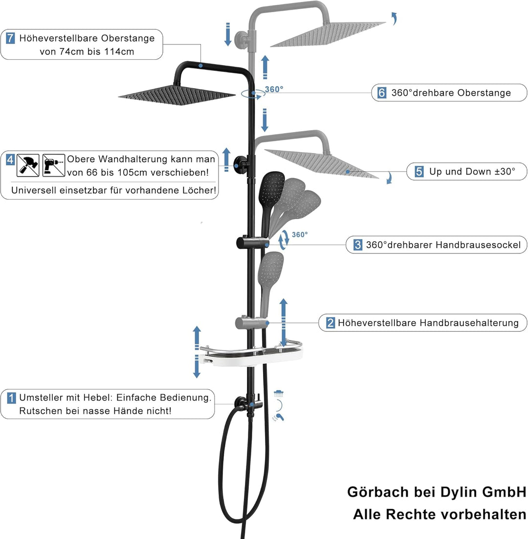 Görbach Duschsystem Duschset Regendusche Überkopfbrauseset matt schwarz (3030MB+Ablage) 3030MB+Ablag