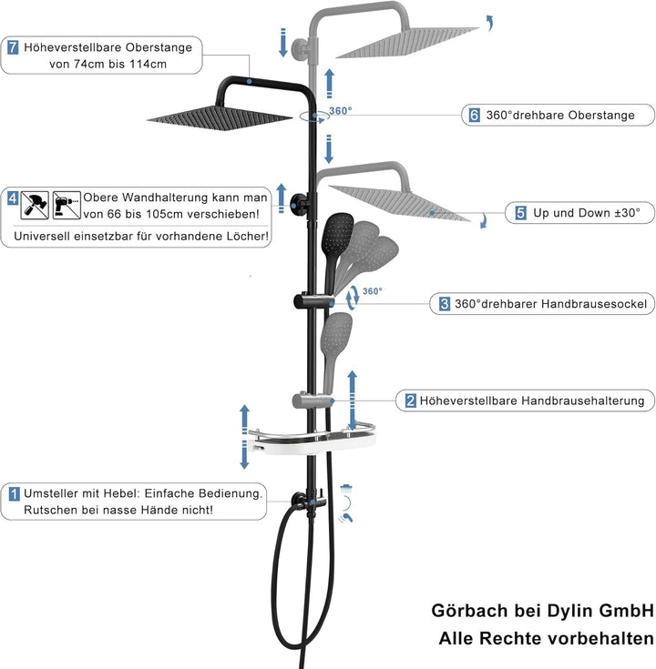 Görbach Duschsystem Duschset Regendusche Überkopfbrauseset matt schwarz (3030MB+Ablage) 3030MB+Ablag