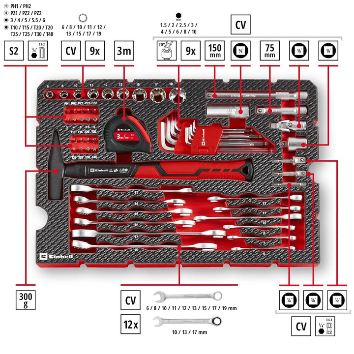 Original Einhell E-CASE 80-tlg. Werkzeugkoffer (Werkzeug-Set im robusten, stapelbaren Kunststoffkoff