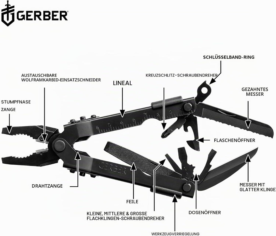 Gerber Multi-Tool mit zwei Messern und Nylon-Scheide, MP600 Bluntnose, Mit 14 Funktionen, Schwarz, 0