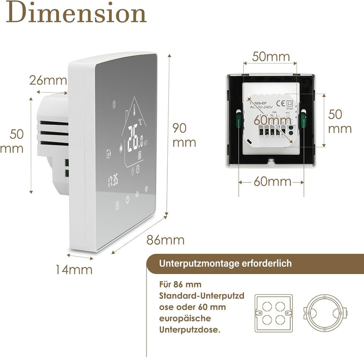 Beok Spiegelthermostat Heizungsthermostat Programmierbar Raumthermostat Digital Wandthermostat für W