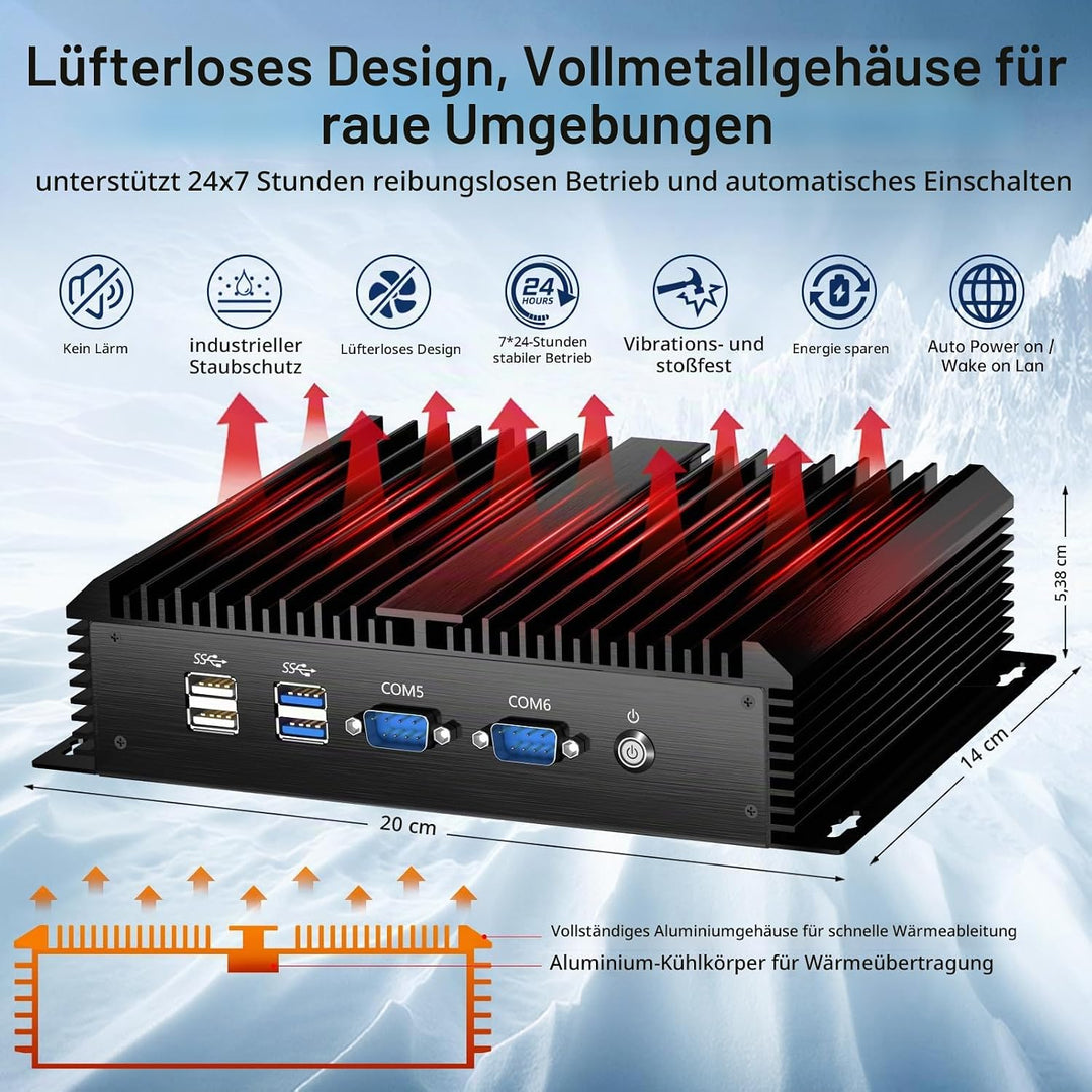 Industrie Mini PC, Desktop Lüfterloser Computer Core i7-5500U 2.4-3.0GHz, Windows 10 Pro, 16G RAM, 5