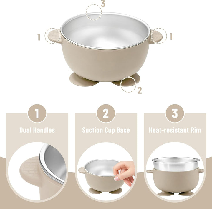 Baby Geschirr Set Edelstahl 4Teilig Geteilter Babyteller Saugnapf | Babyschale Rutschfest mit Griffe