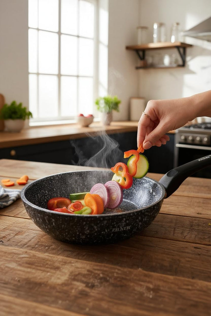 Wokpfanne 28 cm - Tiefe Pfanne mit Granit-Beschichtung - für alle Herdarten - für Asiatische Küche u