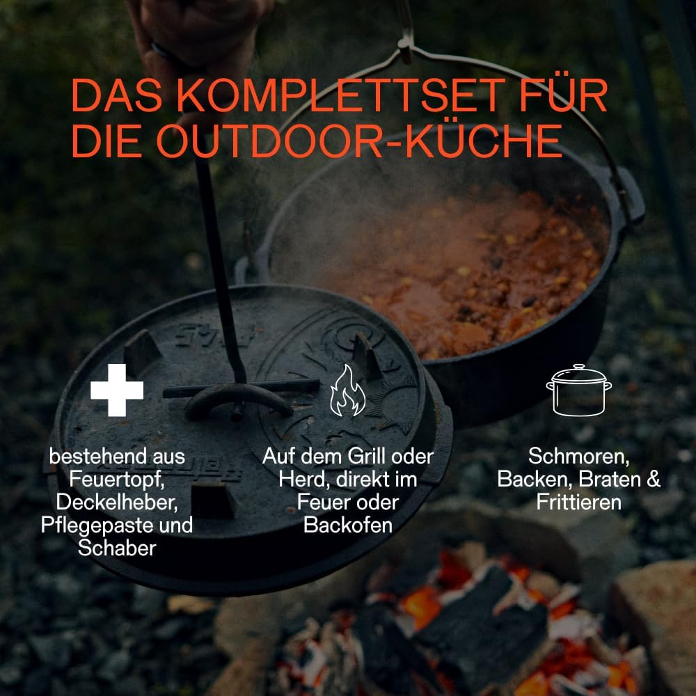 Petromax Feuertopf ft9 Set Einsteiger – bestehend aus Feuertopf ft9, Deckelheber, Schaber, Pflegepas
