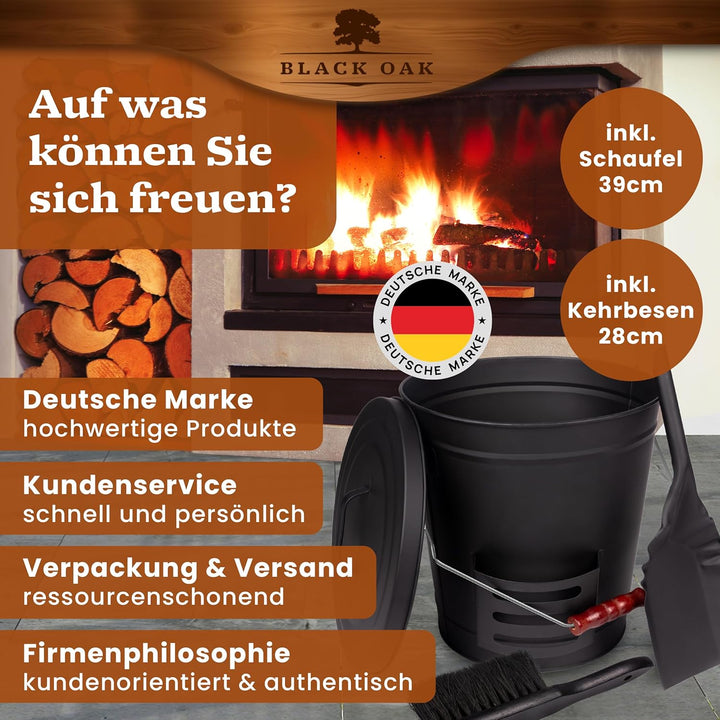 BLACK OAK Ascheeimer Stromboli 20L – schwarz mit Deckel Schaufel & Besen Bügel Silber gross 20 Liter