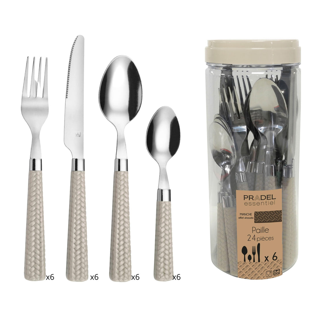 Amefa PAILLE Besteck Set 6 Personen | Essbesteck 24-teilig | helle Griffe im Flechtdesign | Besteck