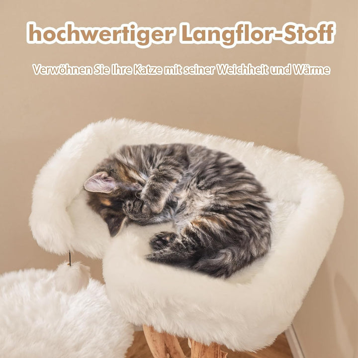 FANTASK Katzenturm Holz, Katzenmöbel mit Spielball & Plüschsitzfläche & 2 Plattformen, Katzenbaum mi