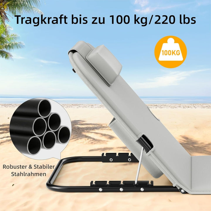 2er Set Strandmatte Klappbar mit Rückenlehne 165cm, 5-Stufige Verstellbarer Strandliege Klappbar Lei