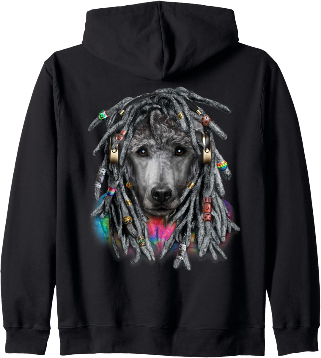 Grauer Pudelhund mit Reggae-Dreadlocks-Haaren Kapuzenjacke