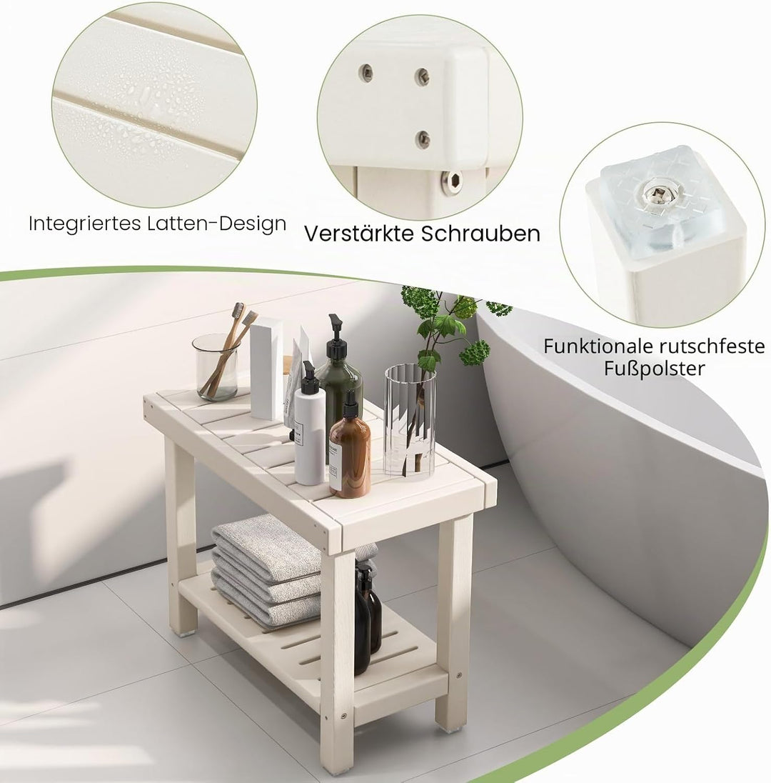 FANTASK Duschhocker, 61 x 31 x 49 cm, wasserdichter Duschstuhl mit Ablage, Sitzbank Bad bis 150 kg,