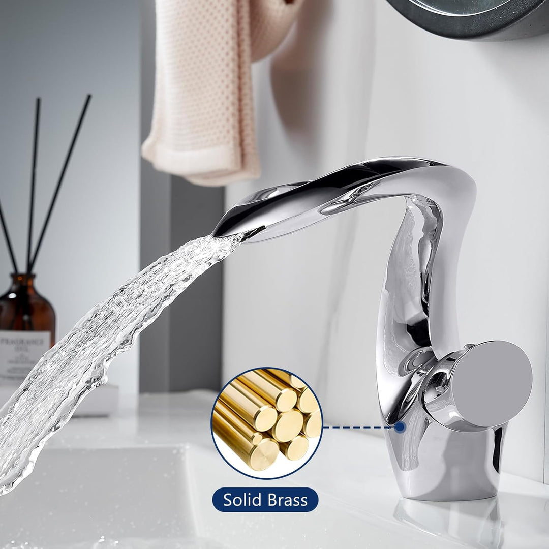 Wasserhahn Bad Wasserfall Chrom Waschtischarmatur Mischbatterie Waschbecken Armaturen Silber Modern