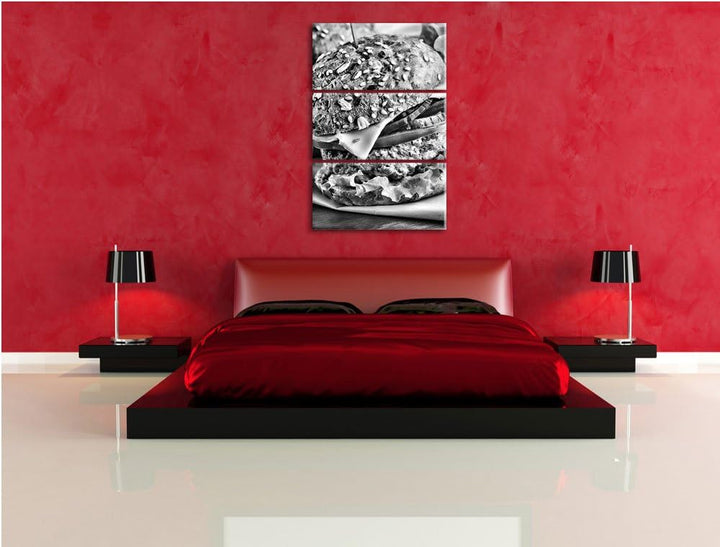 Pixxprint Monocrome, Köstlicher Hamburger 3-Teiler Leinwandbild 120x80 Bild auf Leinwand