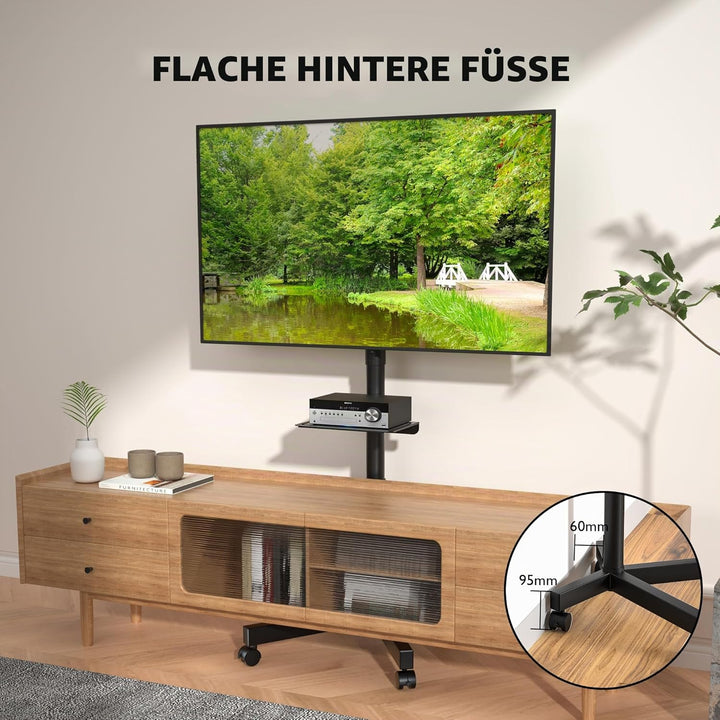 BONTEC Mobiler TV Ständer auf Rollen, Neigbar, Höhenverstellbarer Rollbarer TV Wagen mit Medienablag