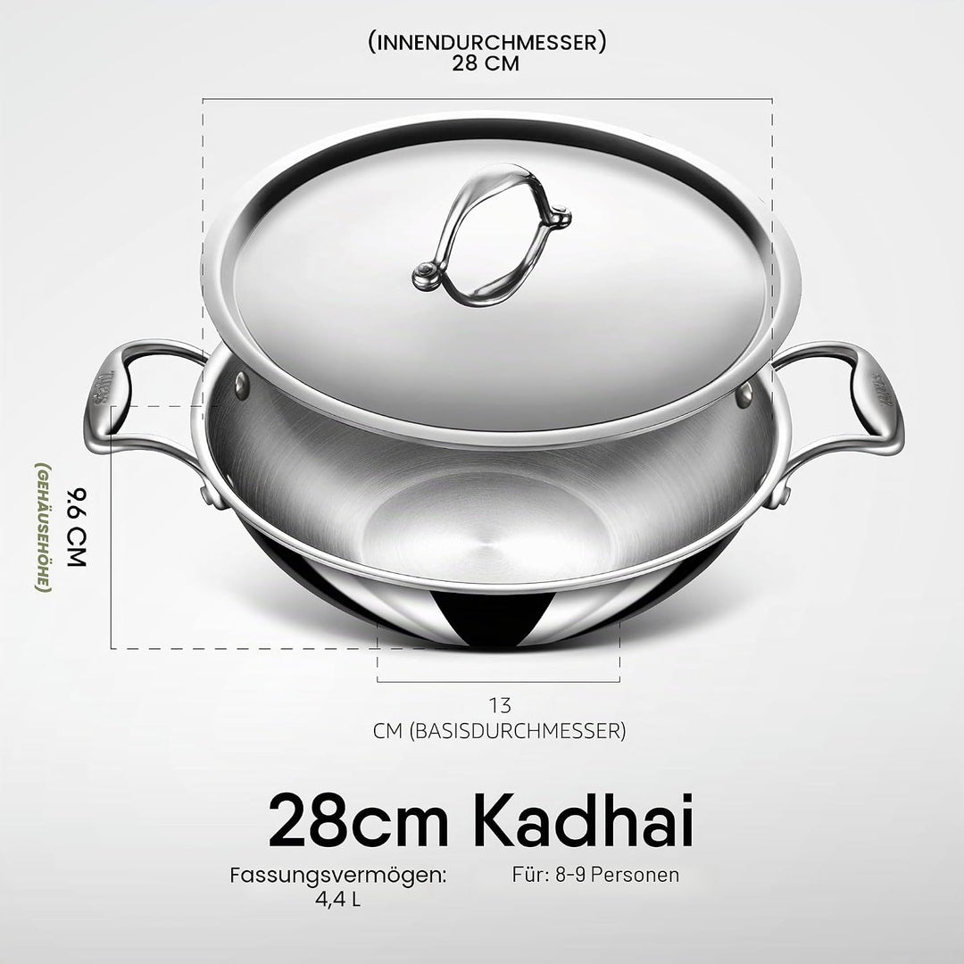 Stahl Edelstahl Triply Wok mit Deckel | Edelstahl-Kochgeschirr Triply Wok | Gas- & Induktionsboden |